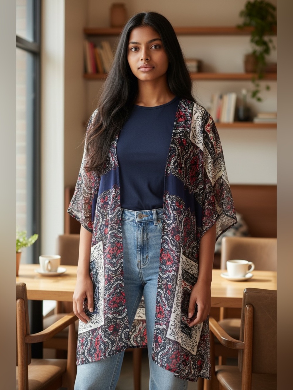 Maurice’s Boho Paisley Open Front Kimono Navy Red & Cream Layering Romantic L/XL